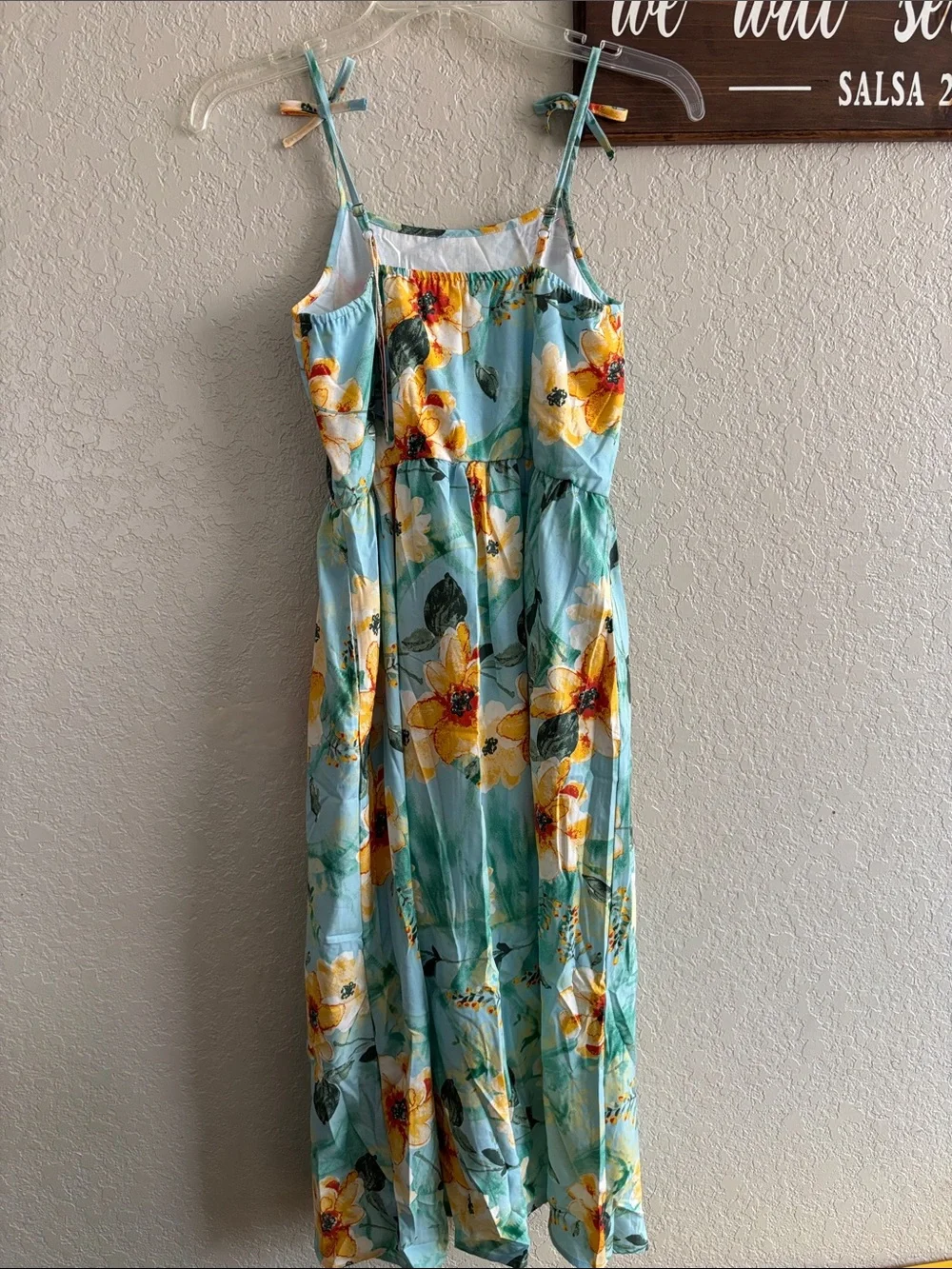 Light Blue Floral Maxi Sundress with Yellow Blooms